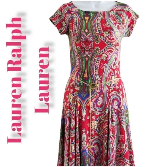 Lauren Ralph Lauren Paisley Dress With Gold Chain Belt Size M - Picture 1 of 9